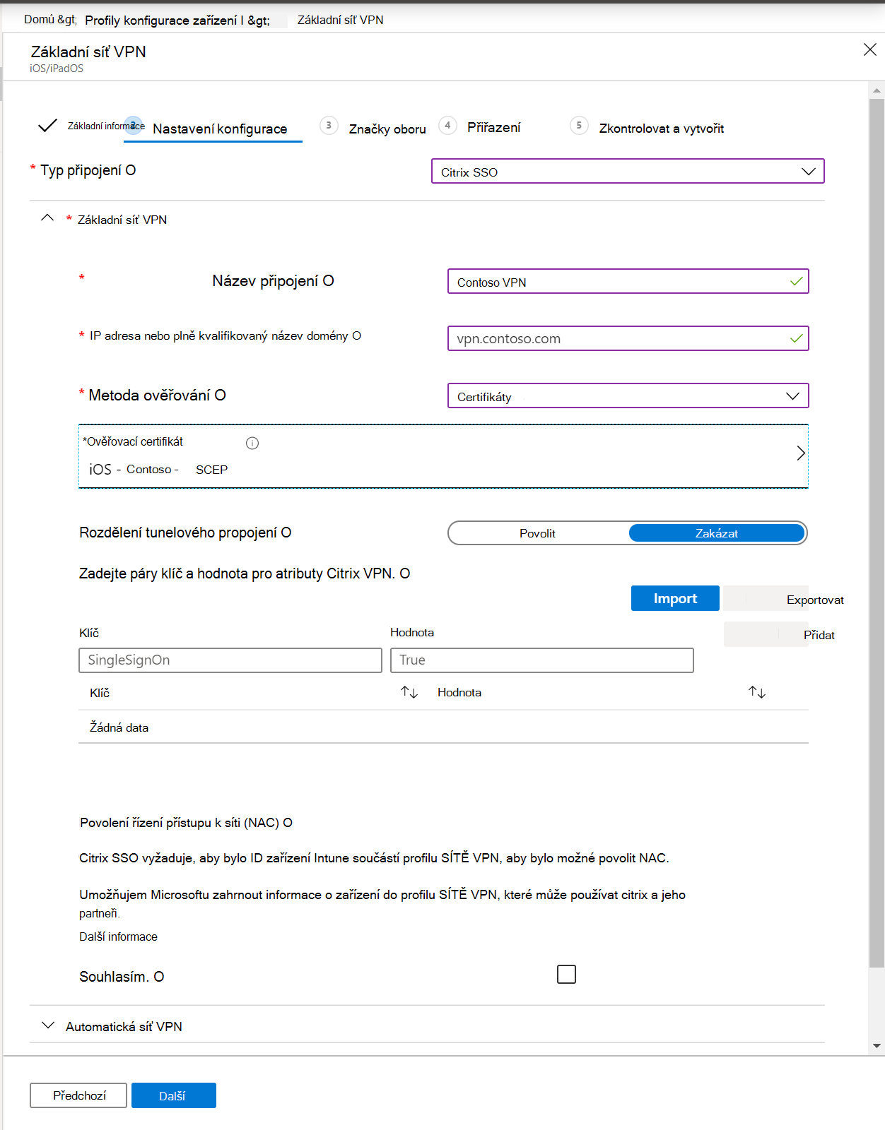 Snímek obrazovky znázorňující profil SÍTĚ VPN pro jednotlivé aplikace, IP adresu nebo plně kvalifikovaný název domény, metodu ověřování a rozdělené tunelové propojení v centru pro správu Microsoft Intune a Intune