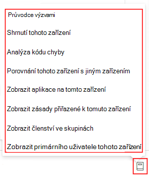 Snímek obrazovky znázorňující průvodce výzvou Copilotu po výběru zařízení v Microsoft Intune a Centru pro správu Intune.