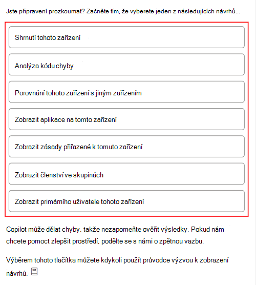 Snímek obrazovky znázorňující ukázkové výzvy Copilotu po výběru zařízení v Microsoft Intune nebo Centru pro správu Intune