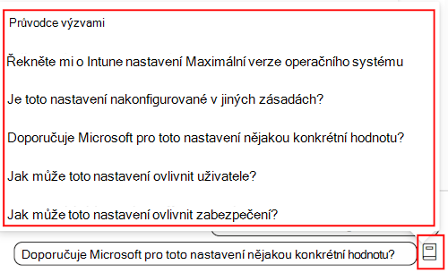 Snímek obrazovky znázorňující průvodce výzvou Copilot při přidání nastavení do zásad dodržování předpisů v Microsoft Intune a Centru pro správu Intune