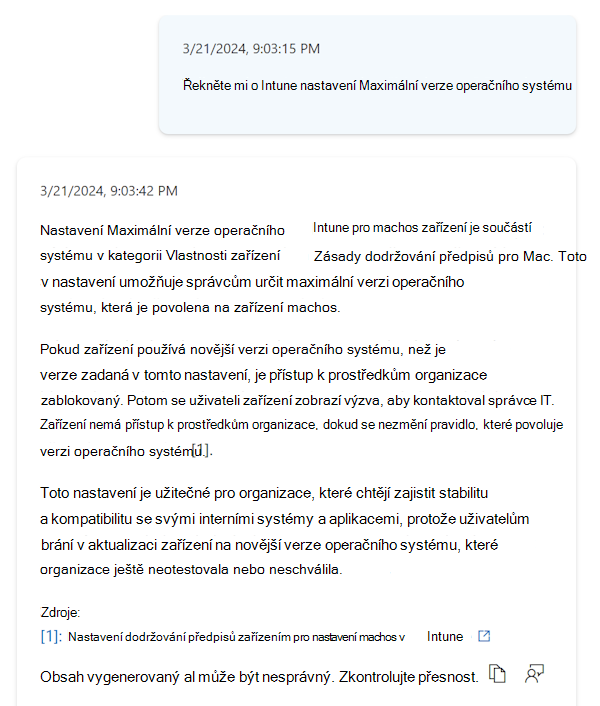 Snímek obrazovky, který zobrazuje další informace o nastavení, když vyberete popis Copilot v zásadách dodržování předpisů v Centru pro správu Microsoft Intune