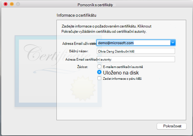 Zadejte informace o požadovaném certifikátu.