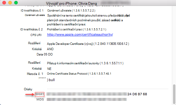 Informace o iPhonu – Otisky prstů – řetězec SHA1