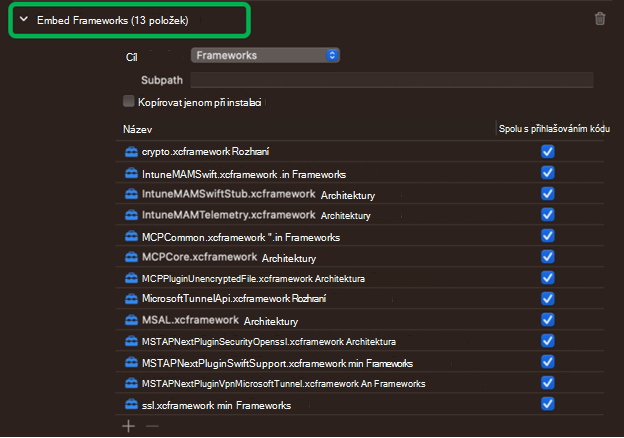 Snímek obrazovky znázorňující všechny architektury Microsoft Tunnelu vložené v Xcode na zařízení s macOS