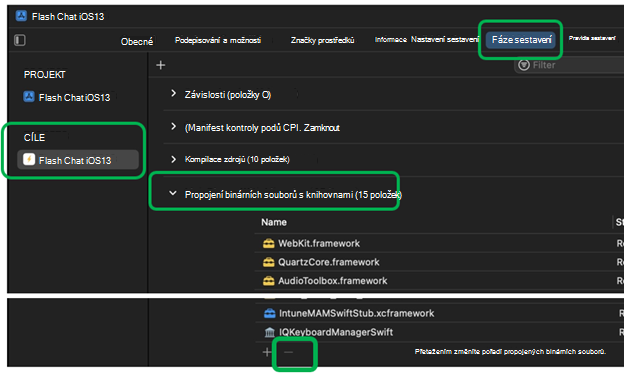 Snímek obrazovky, který ukazuje, jak na zařízení s macOS odebrat architektury v nástroji Link Binary s knihovnami v Xcode