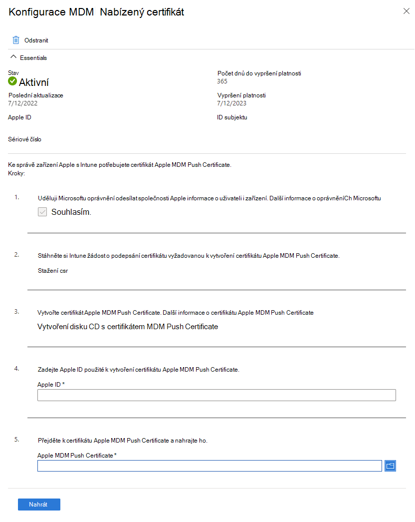 Snímek obrazovky Konfigurace certifikátu MDM Push Certificate s nenastavenými nabízenými oznámeními MDM