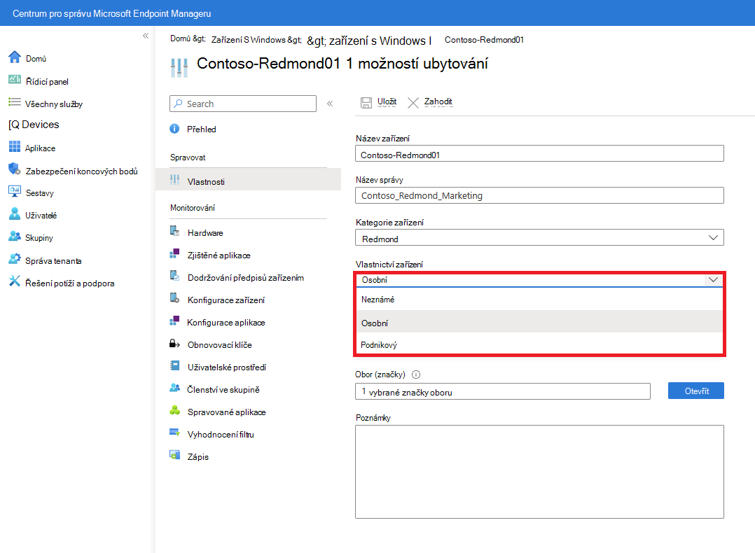 Snímek obrazovky s vlastnostmi spravovaného zařízení s možnostmi Kategorie zařízení a Vlastnictví zařízení