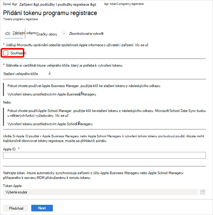 Snímek obrazovky znázorňující obrazovku Přidat token programu registrace