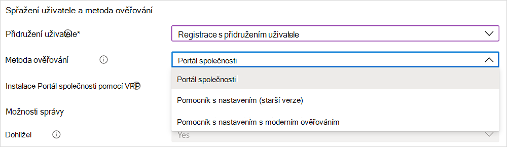 Snímek obrazovky s možnostmi metody ověřování