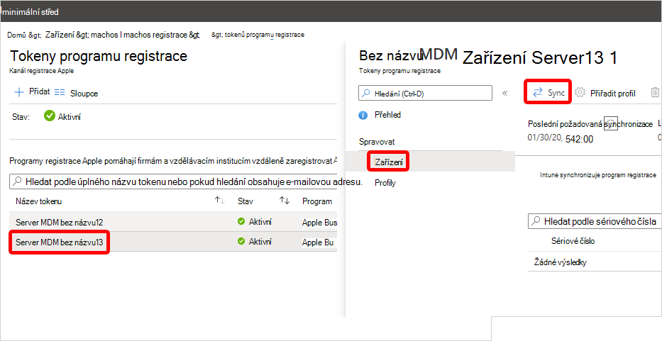 Snímek obrazovky s oblastí tokenu programu registrace v Centru pro správu se zvýrazněním ukázkového tokenu, odkazu Zařízení a tlačítka Synchronizovat