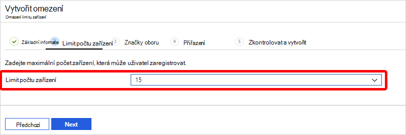 Snímek obrazovky, který ukazuje, jak zvolit limit zařízení