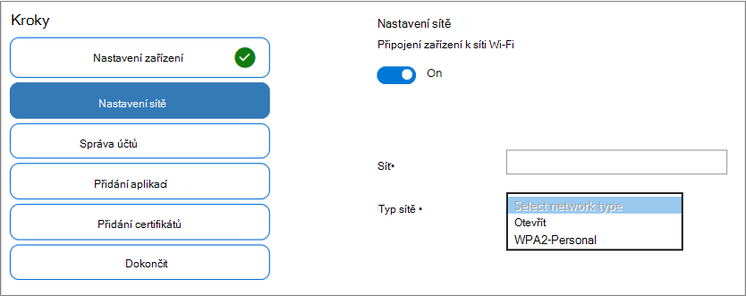 Snímek obrazovky s povolením Wi-Fi včetně možností Síťový identifikátor SSID a Typ sítě v aplikaci Windows Configuration Designer