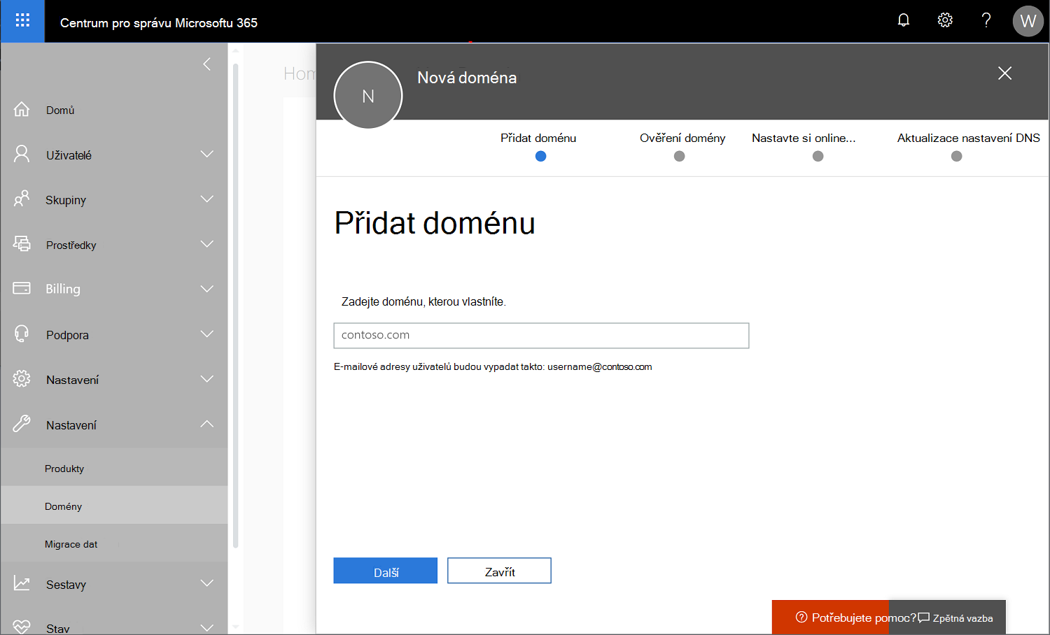 Snímek obrazovky s Centrum pro správu Microsoftu 365 s vybranou možností Domény nastavení > a novým názvem domény, který se přidává