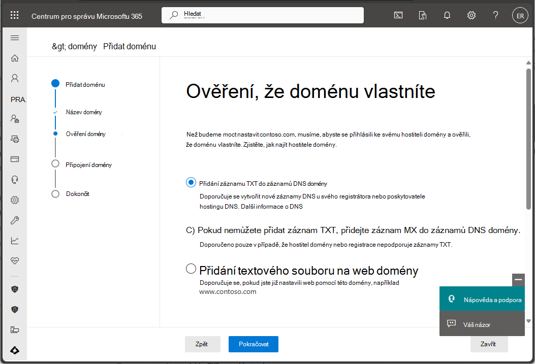 Snímek obrazovky Centra pro správu Microsoftu 365 – ověření domény