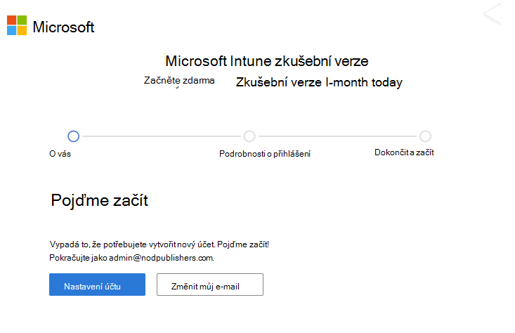 Snímek obrazovky se stránkou nastavení účtu Microsoft Intune – nastavení účtu