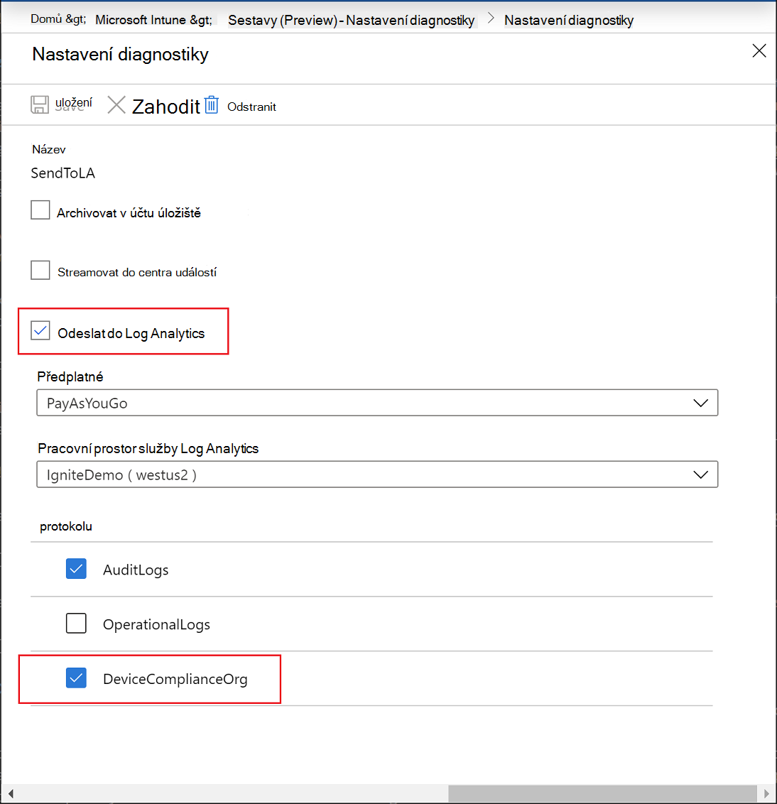 Sestavy Intune – Nastavení diagnostiky