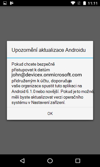 Obrázek dialogového okna upozornění na aktualizaci Androidu