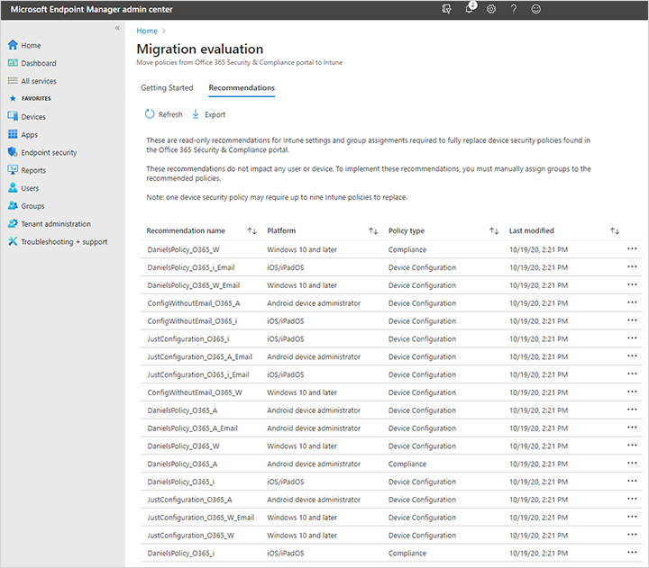 Snímek obrazovky s příkladem vyhodnocení migrace v Centru pro správu Microsoft Intune po migraci zásad mobility a zabezpečení Microsoft 365 Basic na Intune