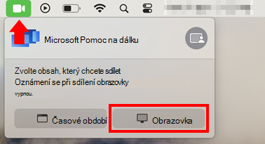 Snímek obrazovky s dialogovým oknem sdílení obrazovky macOS, které umožňuje sdílení obrazovky pro Microsoft Pomoc na dálku