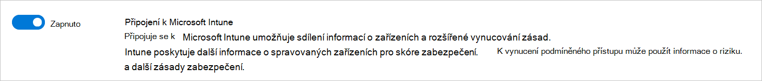 Snímek obrazovky s nastavením Microsoft Intune připojení