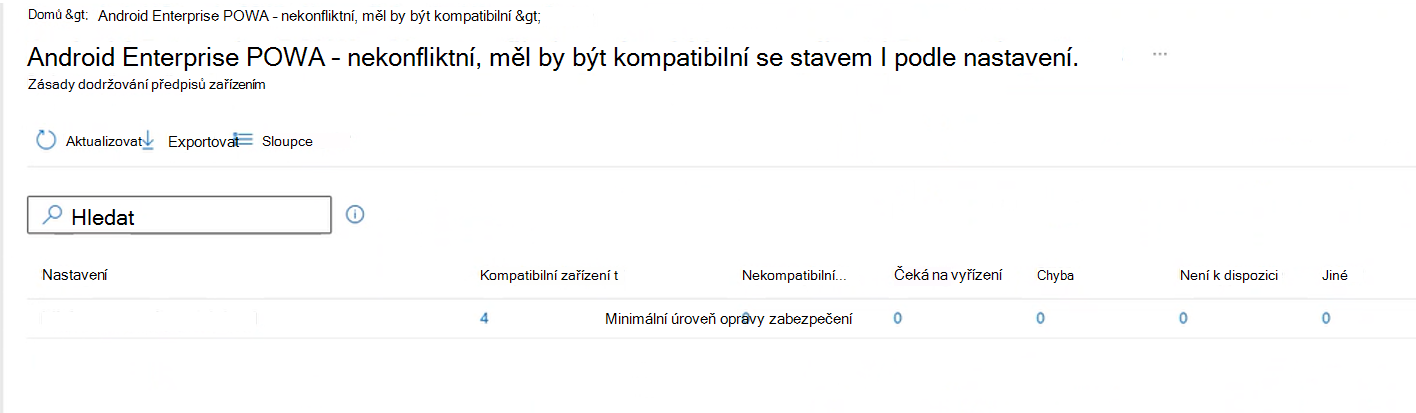 Snímek obrazovky zobrazující podrobnou zprávu o stavu nastavení po výběru tlačítka Zobrazit sestavu v Centru pro správu Intune.