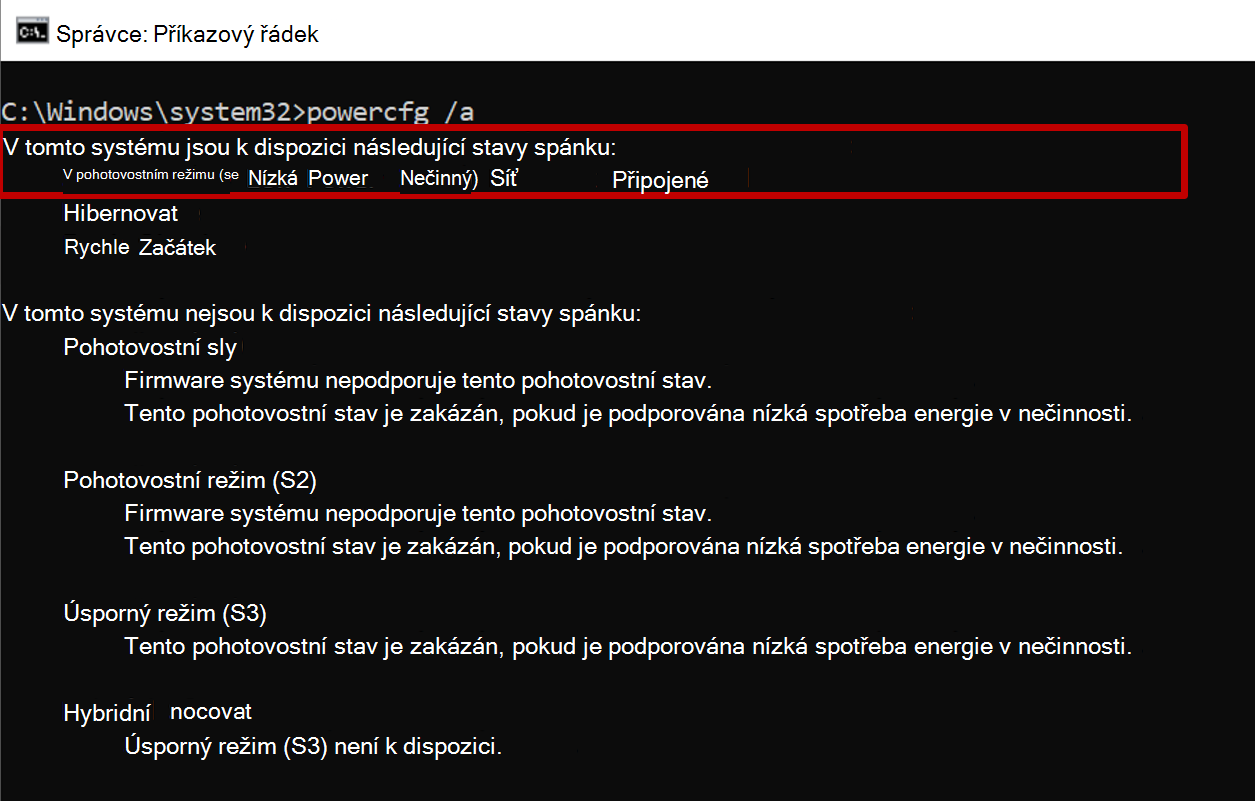 Snímek obrazovky s příkazovým řádkem zobrazující výstup příkazu powercfg s dostupným pohotovostním stavem S0