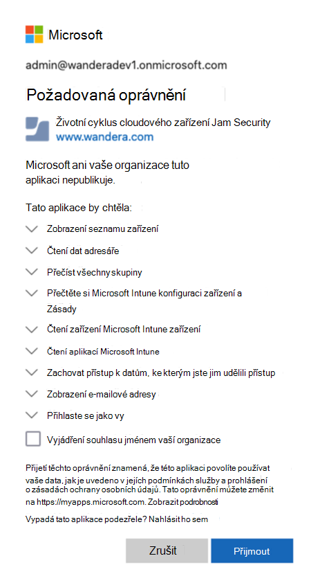 Snímek obrazovky s oprávněními, která přijímáte.