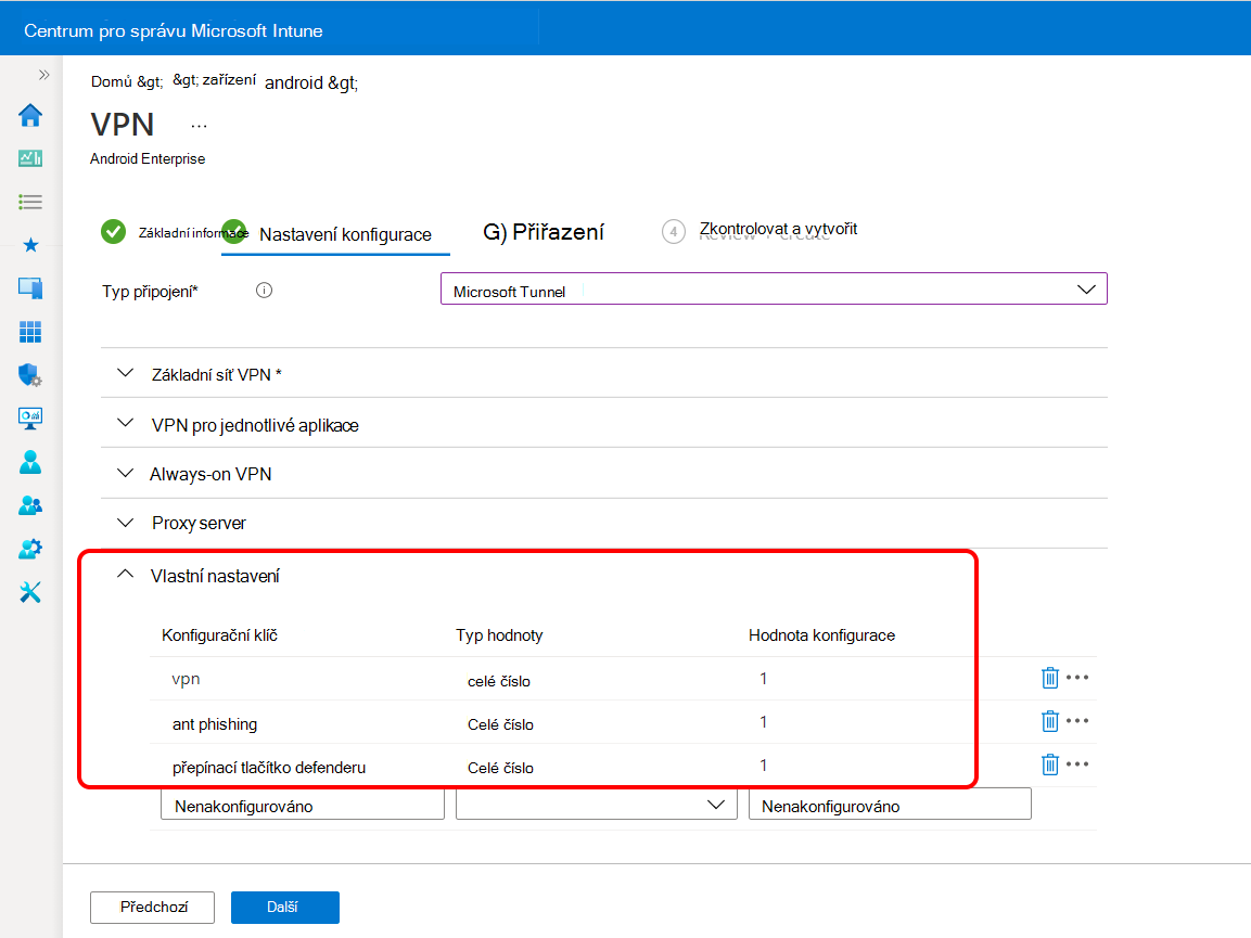 Konfigurace vlastního nastavení v profilu SÍTĚ VPN pro Microsoft Defender for Endpoint