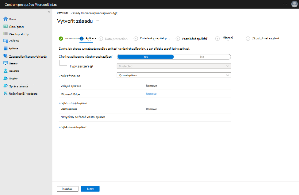 Snímek obrazovky konfigurace zásad ochrany aplikací s Microsoft Edgem jako veřejnou aplikací