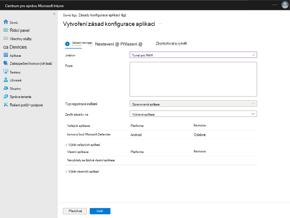 Snímek obrazovky konfigurace zásady konfigurace aplikace s Microsoft Defender Endpoint jako veřejnou aplikací