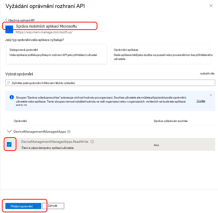 Konfigurace oprávnění rozhraní API pro správu mobilních aplikací Microsoftu