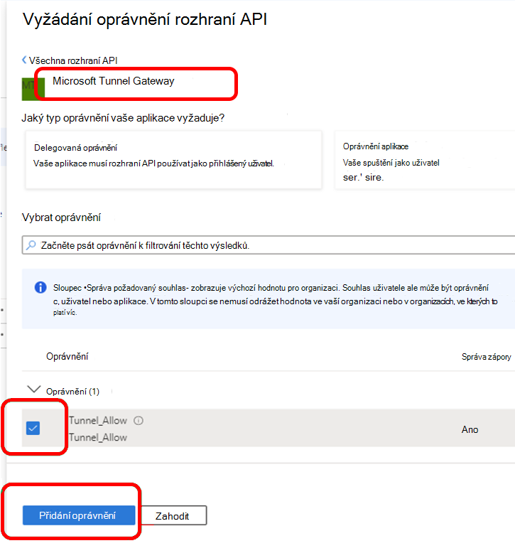 Konfigurace oprávnění rozhraní API pro službu Microsoft Tunnel Gateway