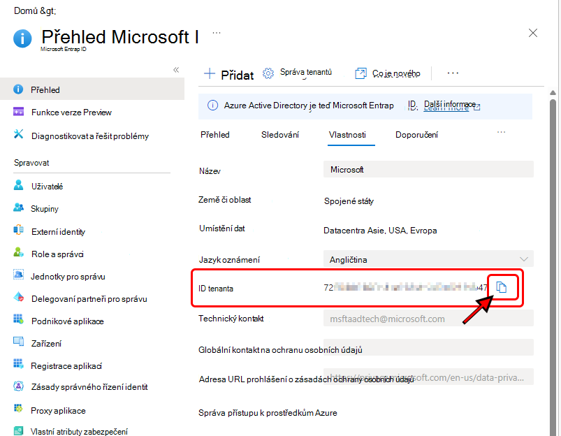 Obrázek znázorňující ID tenanta v Azure Portal