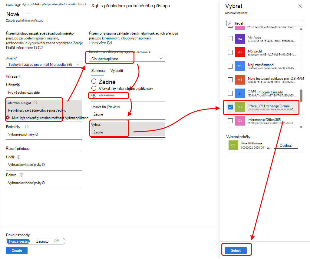 Vyberte Office 365 Exchange Online, které chcete přidat do zásady.