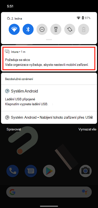 Snímek obrazovky s nabízeným oznámením aplikace Intune na domovské obrazovce zařízení