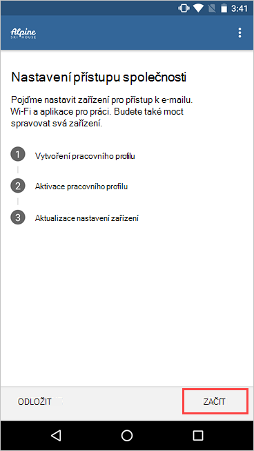 Snímek obrazovky Nastavení firemního přístupu se zvýrazněnou tlačítkem Začít