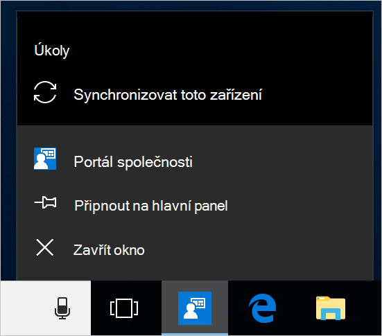 Snímek obrazovky hlavního panelu Windows na ploše zařízení Portál společnosti byla vybrána ikona aplikace a zobrazuje nabídku s možnostmi Připnout na hlavní panel, Zavřít okno a Synchronizovat toto zařízení.