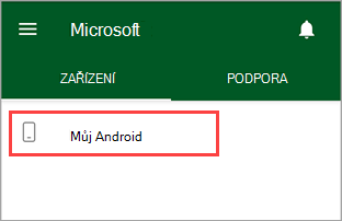 Snímek obrazovky Portál společnosti aplikace se zvýrazněným zařízením s názvem Můj Android