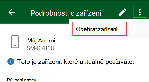 Snímek obrazovky Portál společnosti aplikace se zvýrazněním tlačítka nabídky a možnosti Odebrat zařízení