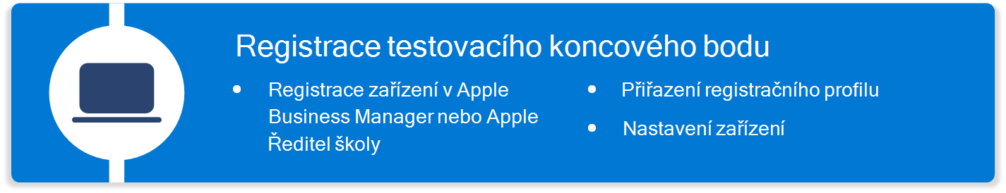 Diagram, který obsahuje postup registrace testovacího zařízení s macOS pomocí Microsoft Intune, včetně registrace zařízení, přiřazení profilu a dalších