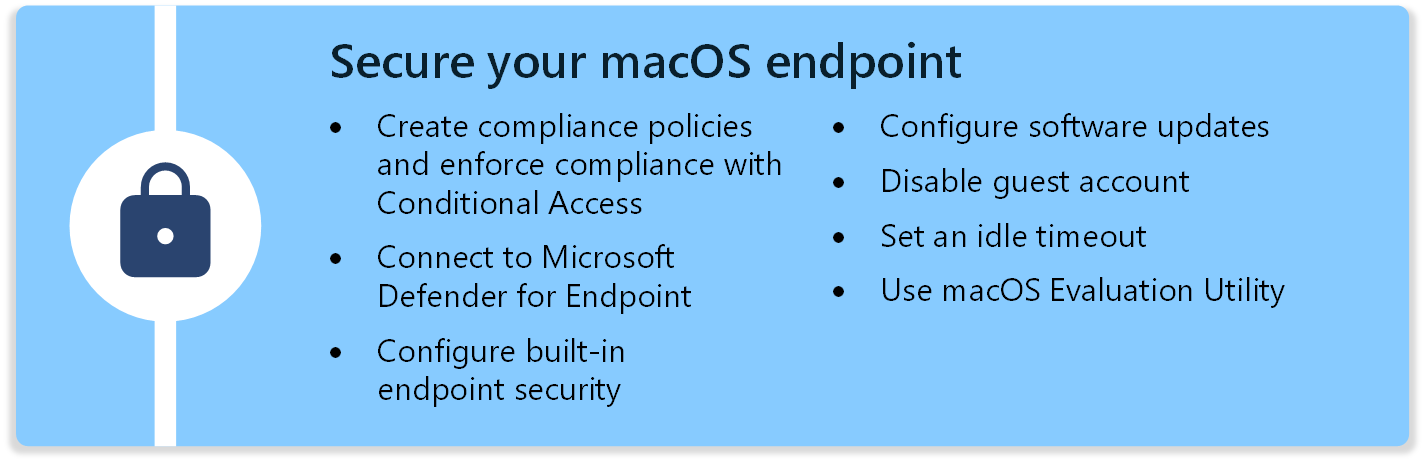 Diagram, který obsahuje postup zabezpečení zařízení s macOS pomocí zásad dodržování předpisů, aktualizací softwaru a dalších akcí v Microsoft Intune