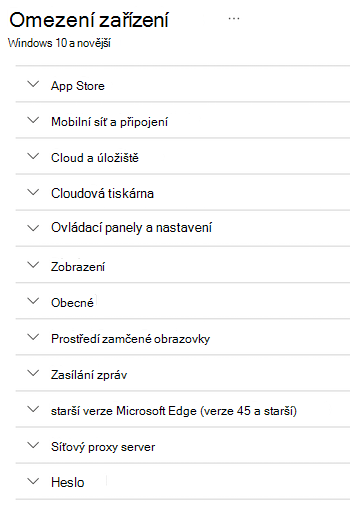 Všechna nastavení omezení zařízení pro zařízení s Windows v Microsoft Intune