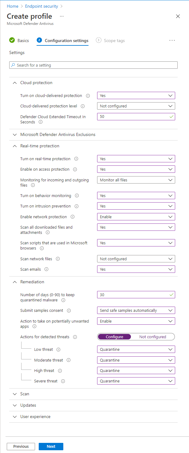 Snímek obrazovky znázorňující příklad profilu Antivirové ochrany v programu Microsoft Defender v Microsoft Intune