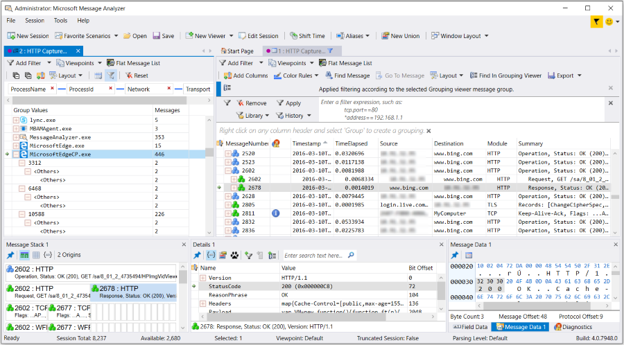 Message Analyzer Grouping Viewer with ProcessName, ProcessId, and Conversations Layout