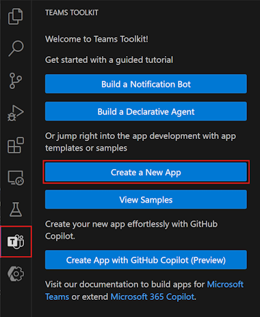 A screenshot of the Create a New App button in the Teams Toolkit sidebar