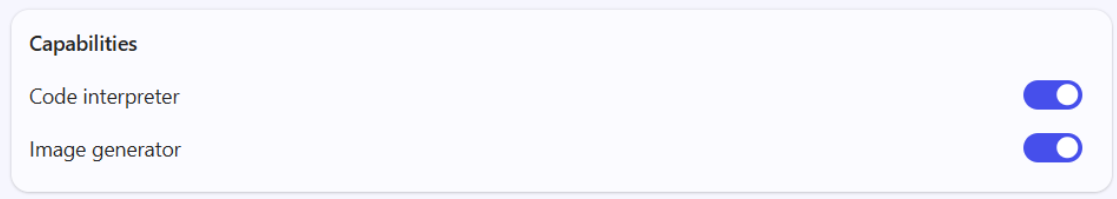 Screenshot of the Capabilities section of the agent builder