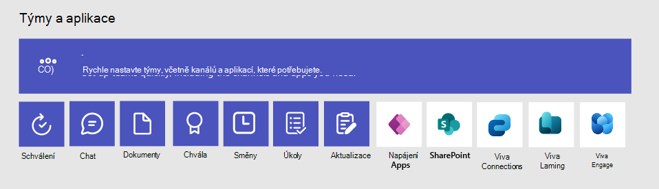 Diagram týmů, týmových šablon a aplikací, které je možné zahrnout