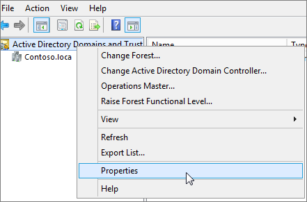 Klikněte pravým tlačítkem na Domény a vztahy důvěryhodnosti služby Active Directory a zvolte Vlastnosti.