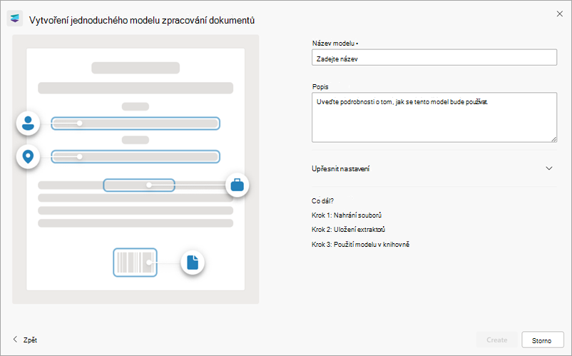 Snímek obrazovky s pravým panelem stránky Vytvořit jednoduchý model zpracování dokumentu
