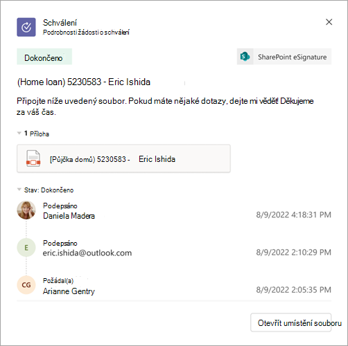Snímek obrazovky s podrobnostmi o podpisu a tlačítkem Otevřít umístění souboru pro výběr souboru
